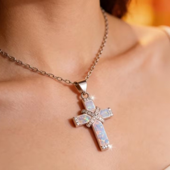 Opal Cross Pendant Necklace - Picture 2 of 12